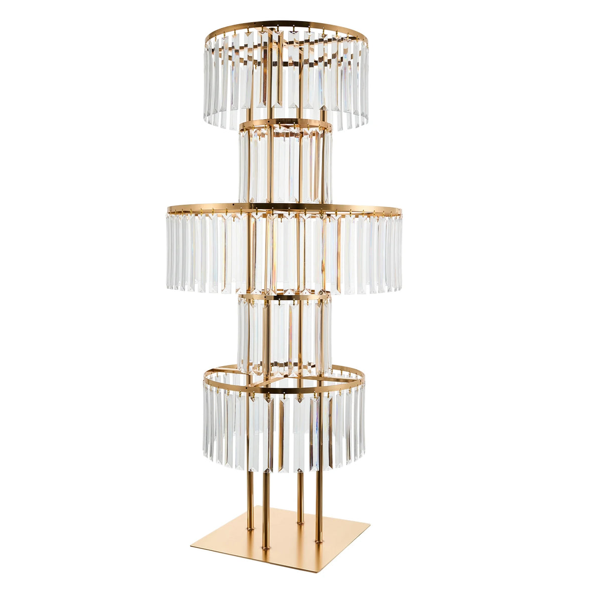 Single gold acrylic flower stand with pink and white blooms at wedding ceremony