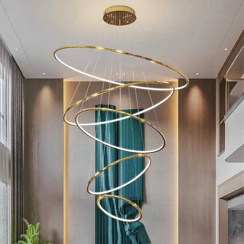 Stainless steel ring detail on a tiered chandelier frame in black finish