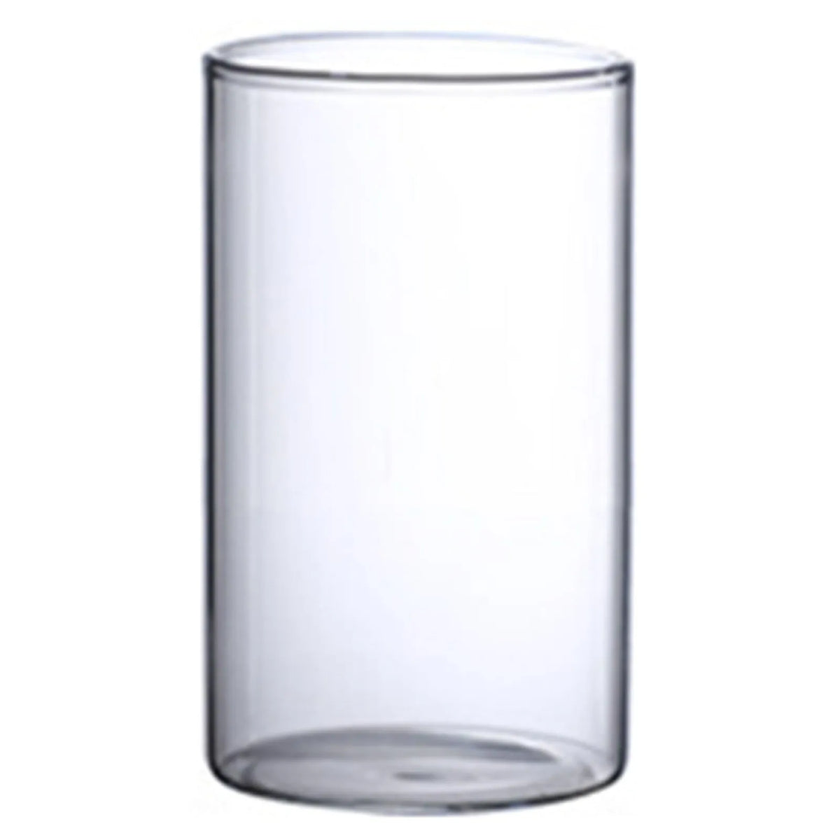 Glass cylinder vase in morning light showing green stem silhouette through clear glass