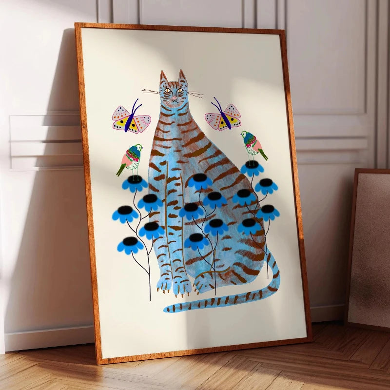 Abstract Whimsical Cat Canvas Wall Art Print