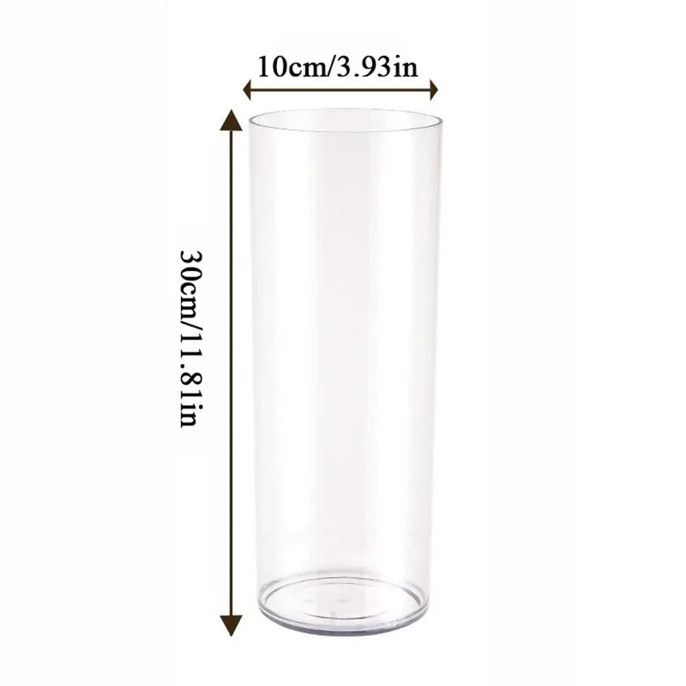 Small and large clear cylinder vases grouped on event banquet table display