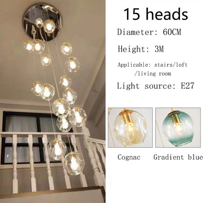 Spiral chandelier globes arranged on adjustable hanging wires