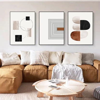 Black White Geometry Line Art 3-Piece Canvas Wall Art Set