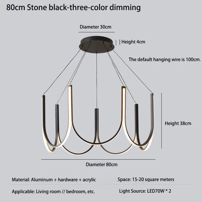 Gold U bar chandelier with dimmable LED chip light and acrylic shade