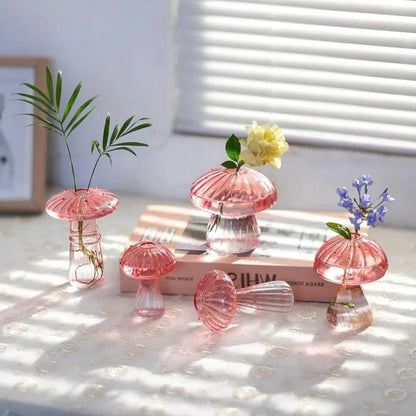 Colorful mushroom fluted glass vase set in a cottagecore styled window