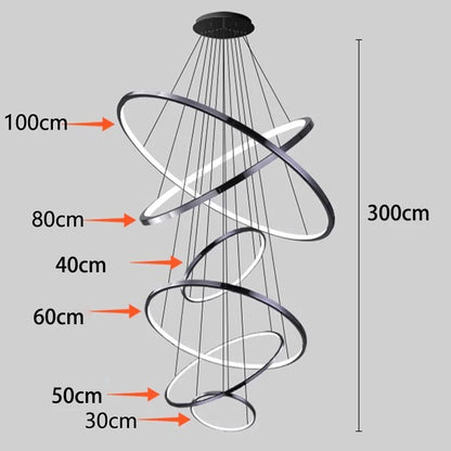 Five ring stainless steel chandelier in black on cord pendant mounting