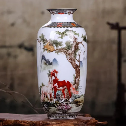 Side profile view of Jingdezhen ceramic vase showing elegant tall porcelain silhouette