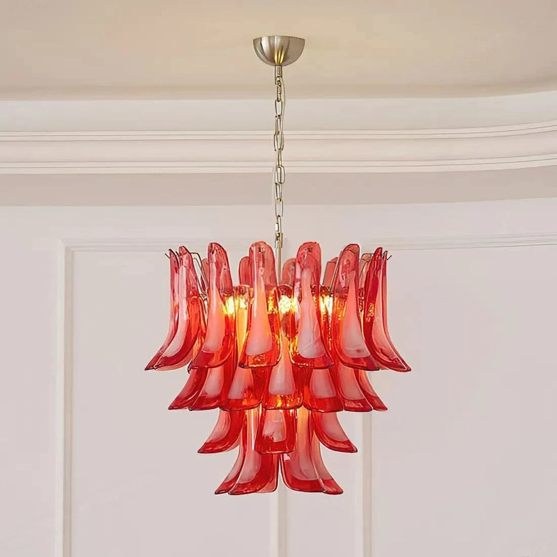 Brass branch chandelier with white cloud glass shades in a six layer arrangement