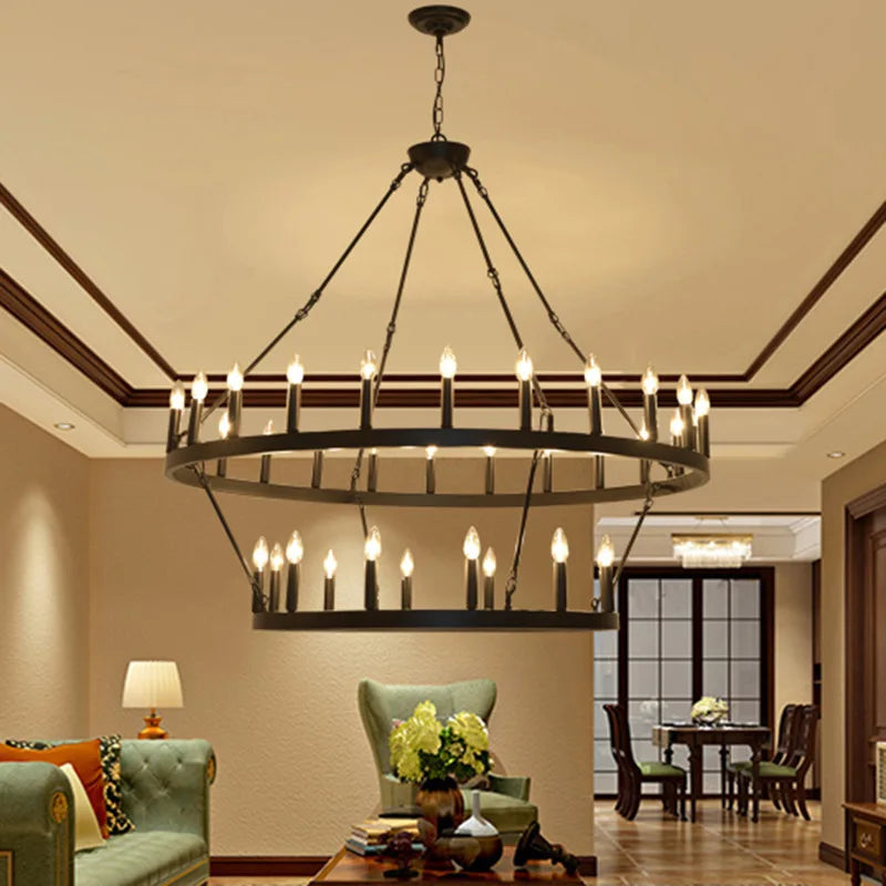Candle style upward lamps set along the wrought iron ring