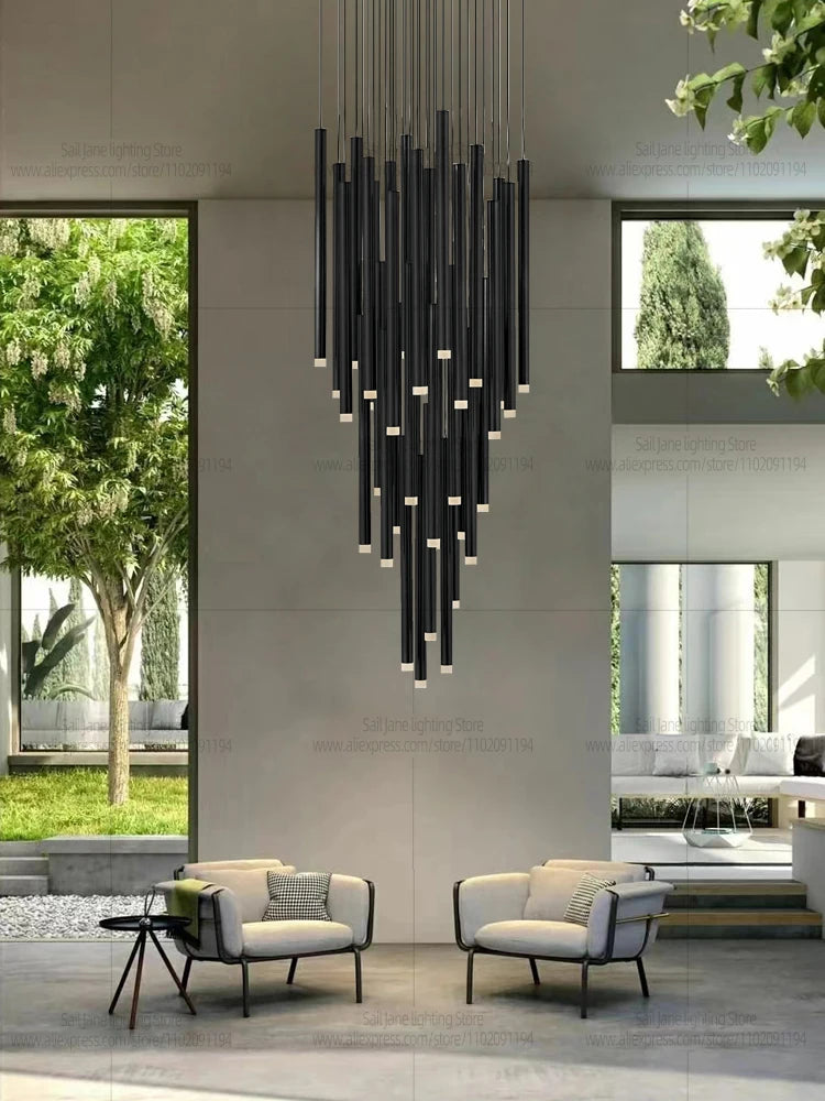 Acrylic rod detail on a painted aluminum staircase chandelier in black