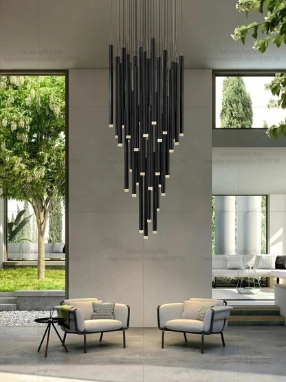 Acrylic rod detail on a painted aluminum staircase chandelier in black