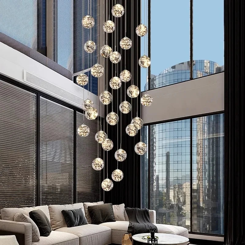 Nordic glass staircase chandelier with chrome finished cascading heads