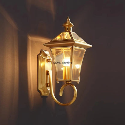 copper outdoor wall sconce, front view on white background