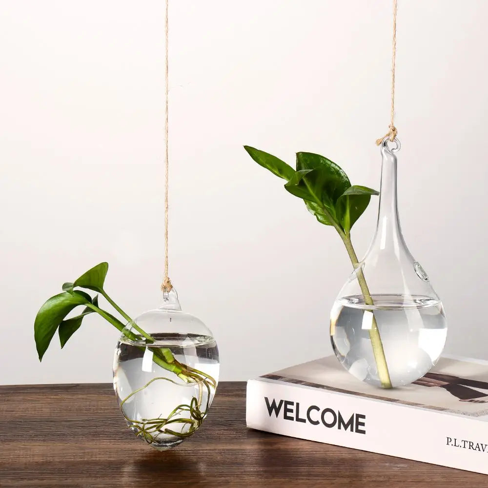 Transparent glass ice cone hanging vase 20cm display