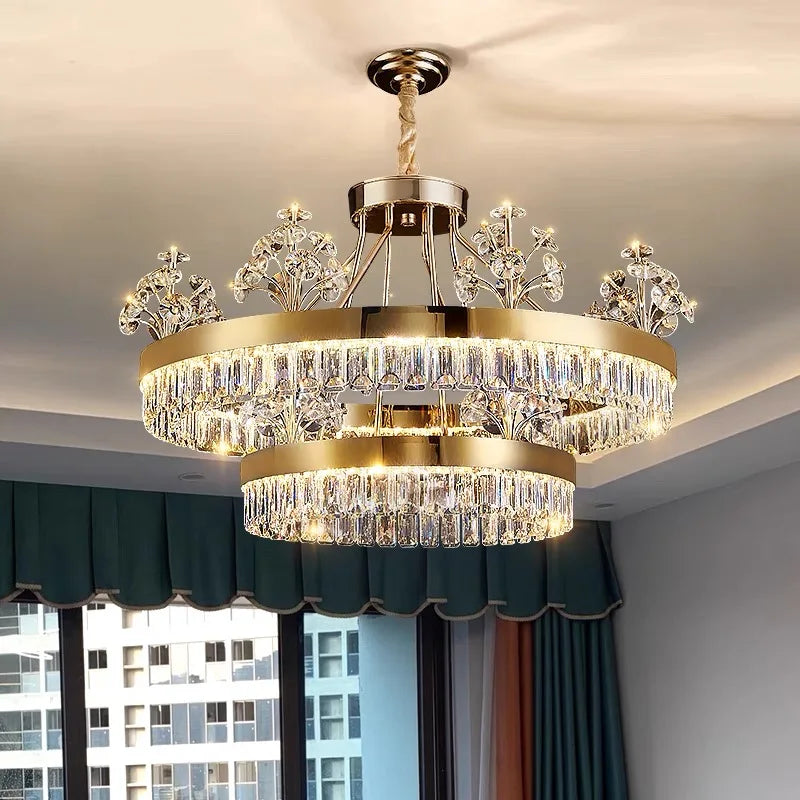 Postmodern crystal tiered chandelier on a plated iron frame