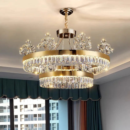 Postmodern crystal tiered chandelier on a plated iron frame