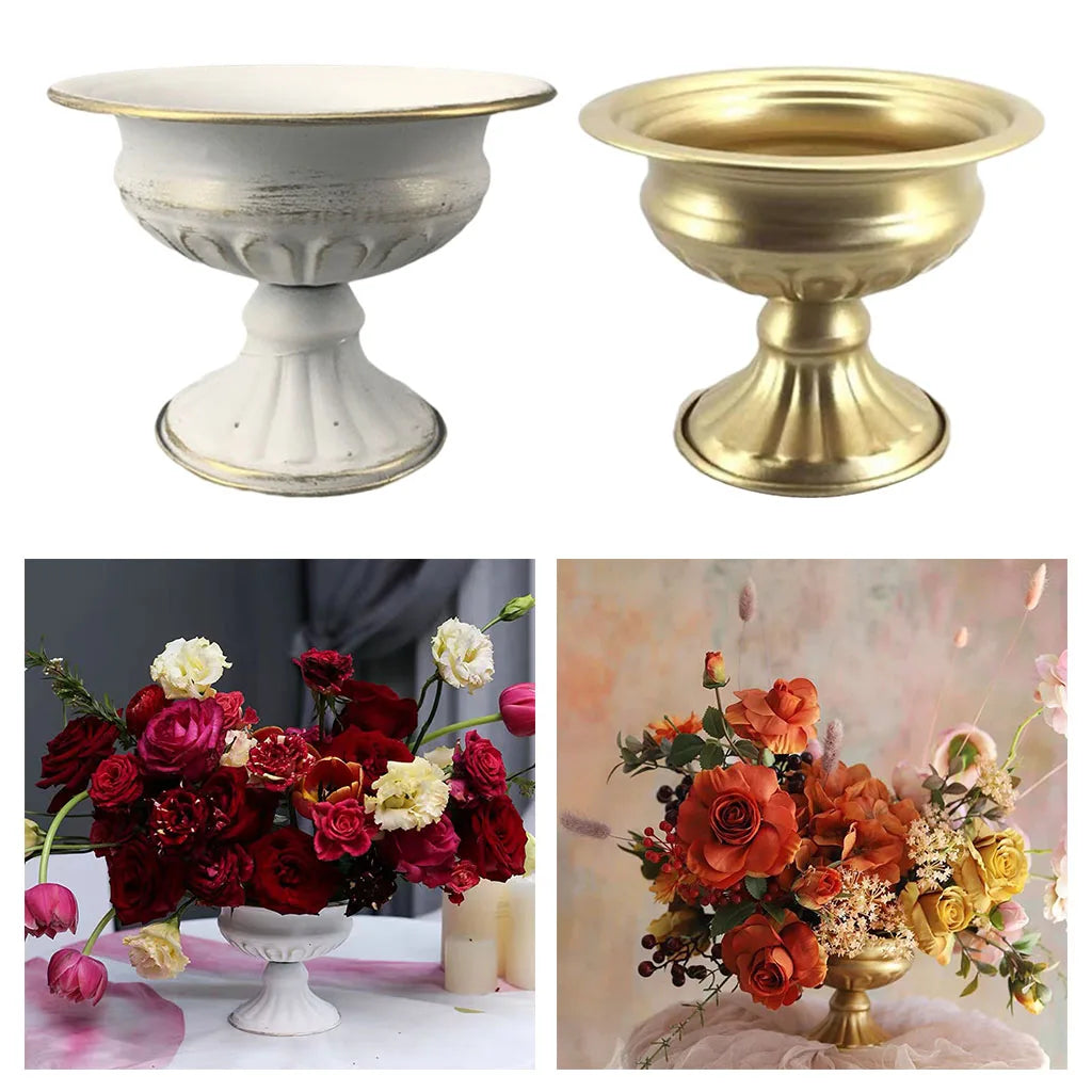 Gold metal flower vase and candle holder on elegant wedding banquet table