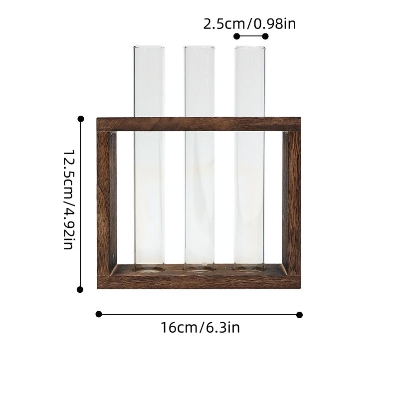 Five-tube wooden wall planter with pothos and mint cuttings growing