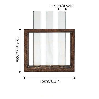 Five-tube wooden wall planter with pothos and mint cuttings growing