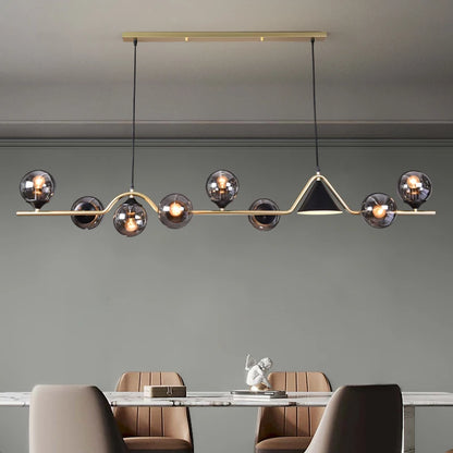 Amber glass shade linear chandelier on an alloy frame with wedge base LEDs