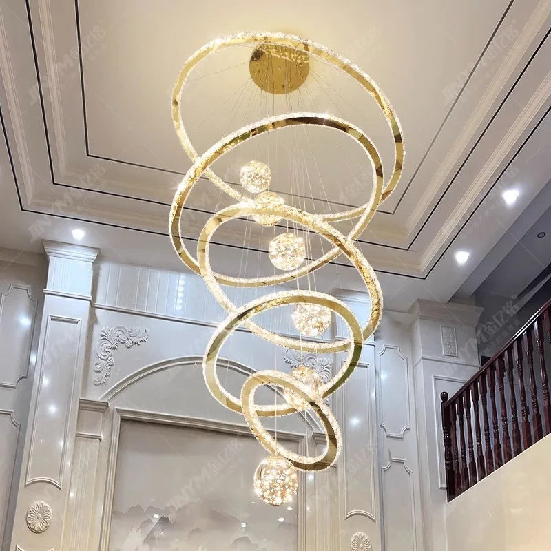 Crystal ring staircase chandelier with stacked descending rings