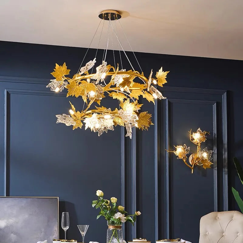 Gold maple leaf chandelier with slender branches in plated alloy