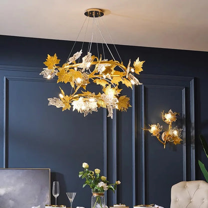 Gold maple leaf chandelier with slender branches in plated alloy