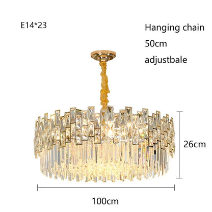Crystal ceiling chandelier lit in cold white on a chrome body