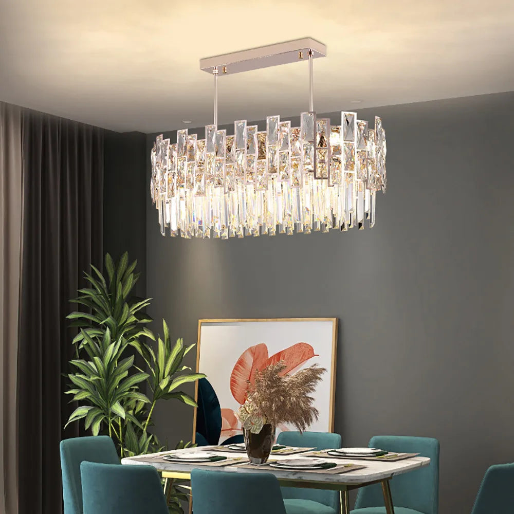 Gold plated oval crystal chandelier with a dense crystal field