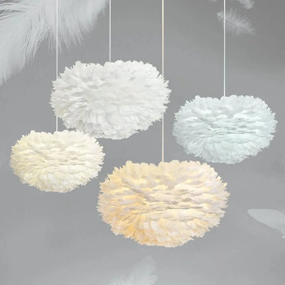 Grey natural feather chandelier with a soft diffusing plume shade