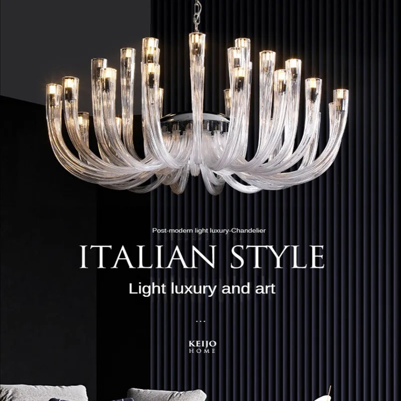 U shaped glass chandelier with curved glass heads on a plated frame