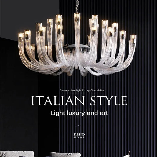 U shaped glass chandelier with curved glass heads on a plated frame