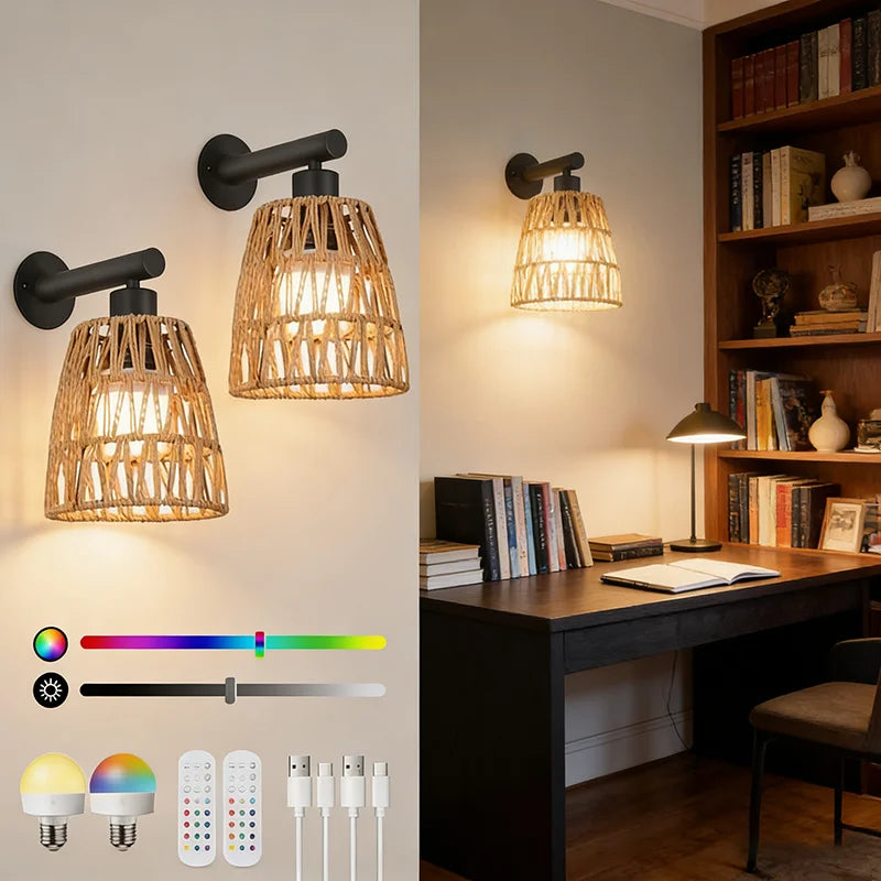 black rattan plug-in wall sconce, detail view of fixture base and arm