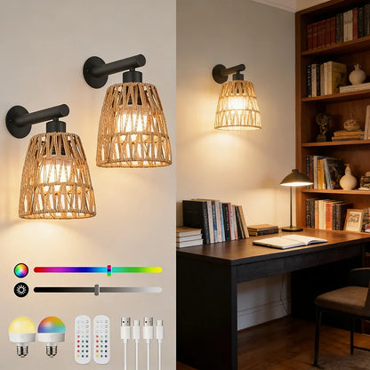 black rattan plug-in wall sconce, detail view of fixture base and arm