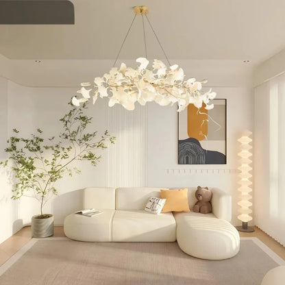 Silver bodied ginkgo chandelier at 47.2 in (120 cm) by 19.7 in