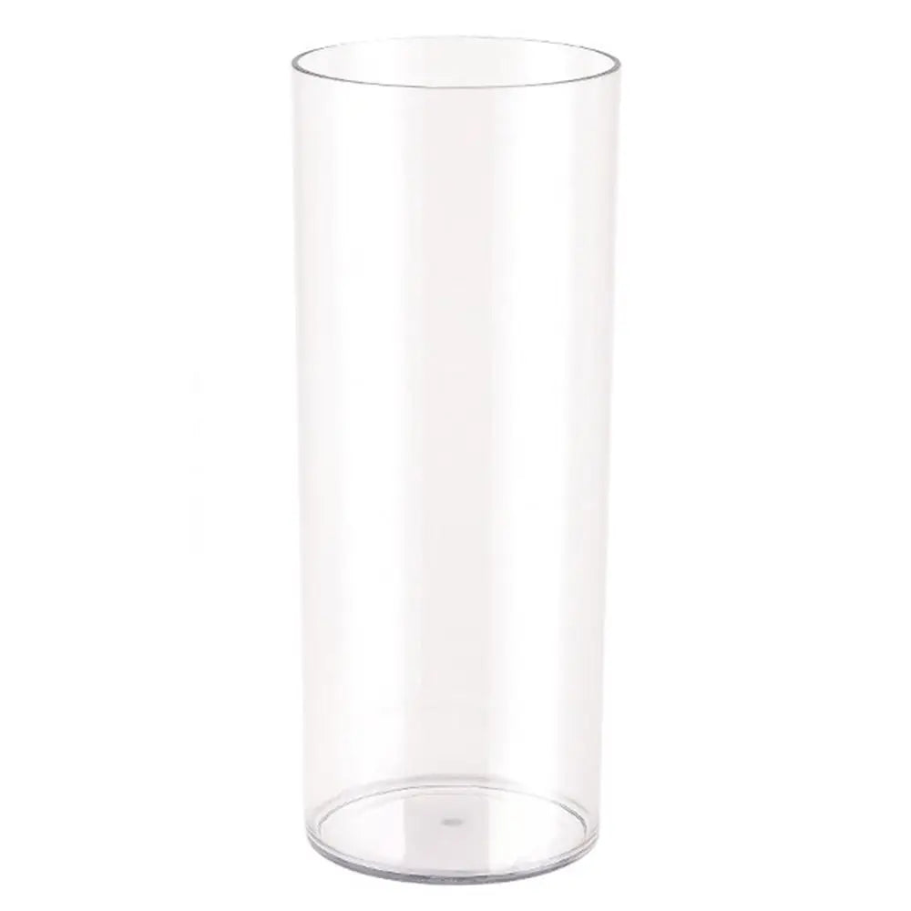 Clear acrylic cylinder vase with floating candle and flower petals as event centrepiece