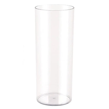 Clear acrylic cylinder vase with floating candle and flower petals as event centrepiece