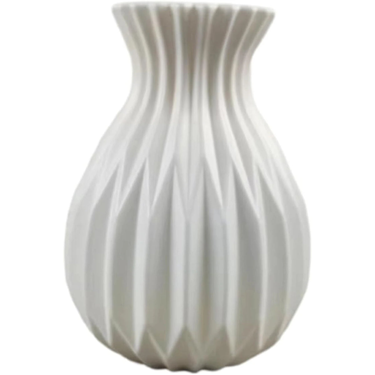 White plastic imitation ceramic vase angled view showing full rounded silhouette