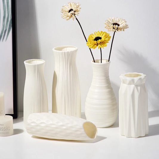 Nordic plastic bud flower vase B4978E holding single fresh white tulip