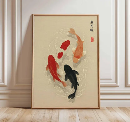 Japanese koi fish minimalist canvas wall art — displayed in bedroom setting