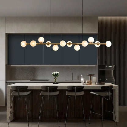 Sixteen head linear chandelier, 70.9 inches long, in a white iron finish