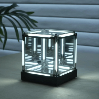 Maglev cube LED lamp close-up showing magnetic levitation mechanism detail