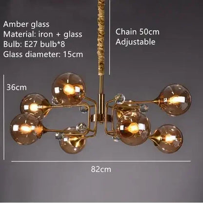 Iron arm structure of a glass bubble chandelier in a polished chrome finish