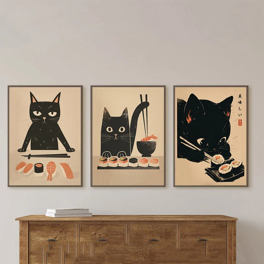 Japanese sushi chef black cat vintage canvas wall art — primary product view
