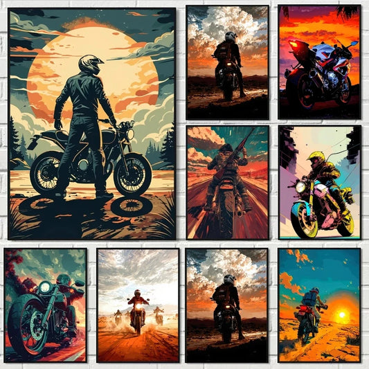 Motorcycle Rider Sunset Canvas Wall Art Print