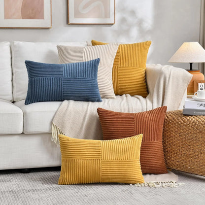 Boho Patchwork Corduroy Pillow Cover — styling detail