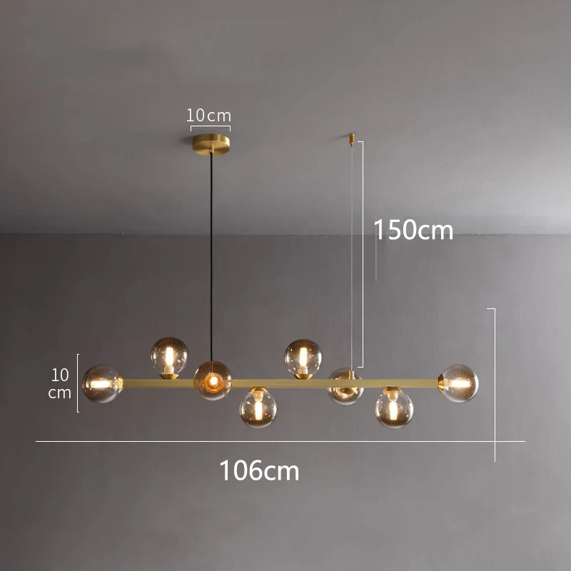 Ten head white glass chandelier above a long modern dining table