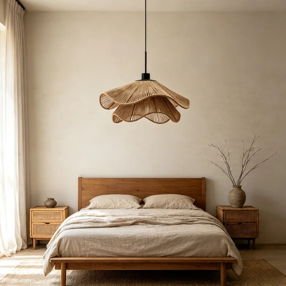 Boho style woven chandelier shade built over a slim metal structure