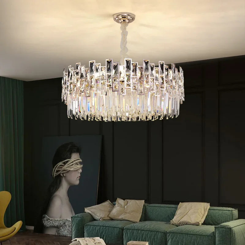 Oval crystal ceiling chandelier on a plated stainless steel body