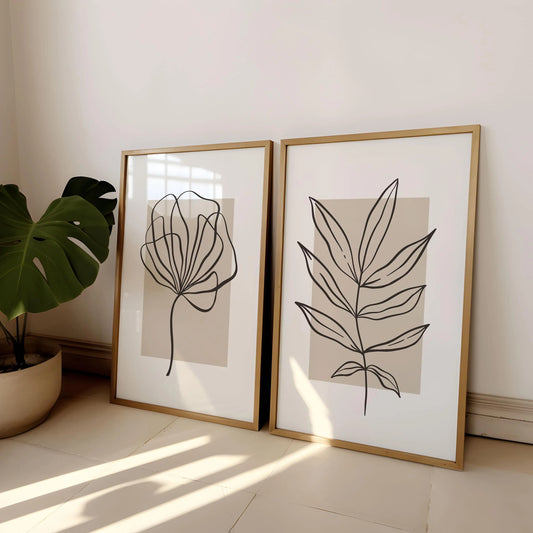 Minimal Line Art Botanical Beige Floral Canvas Wall Art